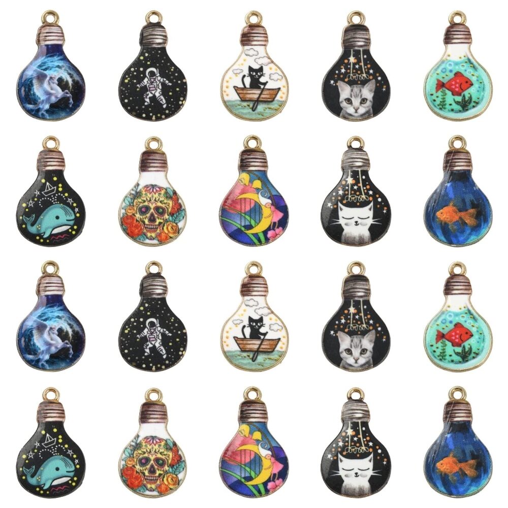 1121 50pcs Enamel Light Bulb Charms - Mixed Styles Skull Astronaut Fish Cat